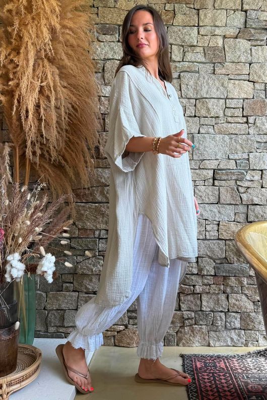 Tasha Cushion Cotton Oversized Shirt Tunic Stone